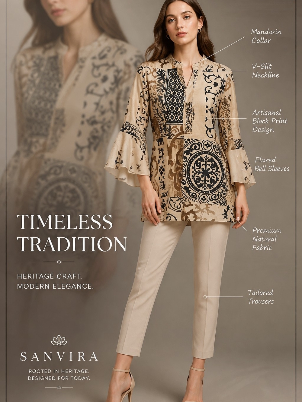 Boho Tile-Print Tunic Blouse in Beige and Black - Unbranded